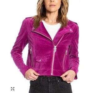 Juicy Couture Womens Cropped Moto Jacket Medium Biker Velvet Magenta Pink Y2K